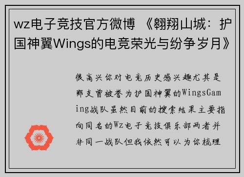 wz电子竞技官方微博 《翱翔山城：护国神翼Wings的电竞荣光与纷争岁月》